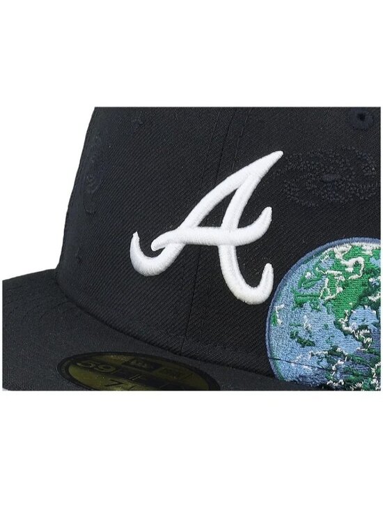 Atlanta Brave Team Heart World Series Navy New Era 59fifty  New Era Atlanta Braves Global World Pack 59FIFTY Fitted Hat Cap Navy